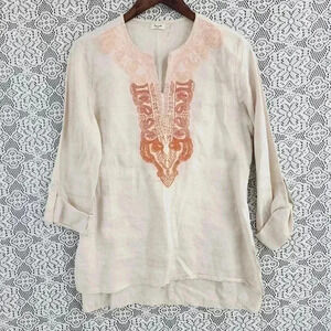 Sympli 100% Linen Embroidered Crewneck Slit Tab Sleeve Blouse Women's S